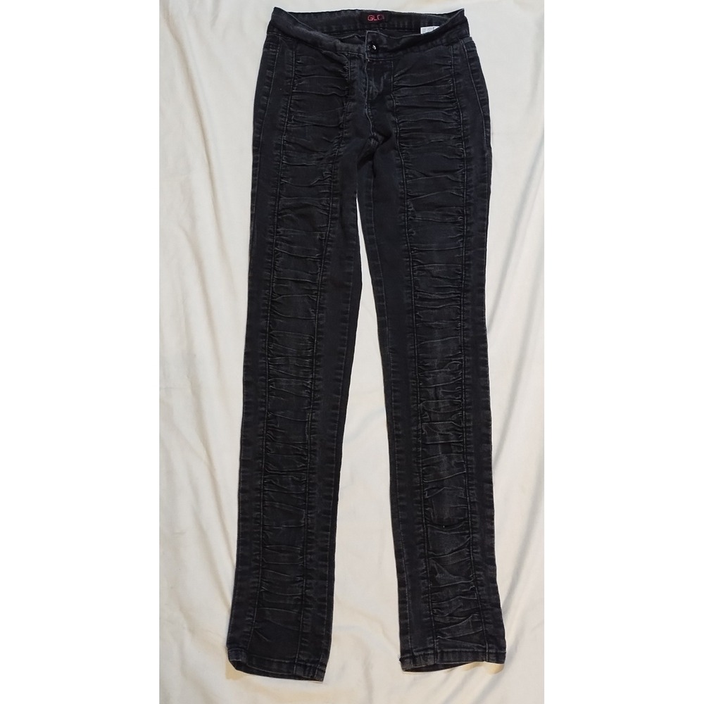 GLO Junior Womens Sz 1 Black Ruffle Ruched Front Skinny Jeans Low Rise Biker Y2K